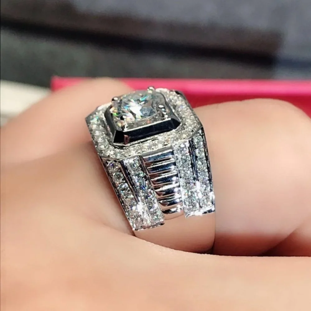 🎀 Fever Square Glitter Zircon Silver Chunky Wedding Rings for Man, PD663
